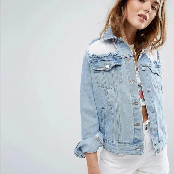 Pull & Bear Mesh Distressed Light Wash Denim Jean Jacket S - Picture 1 of 11